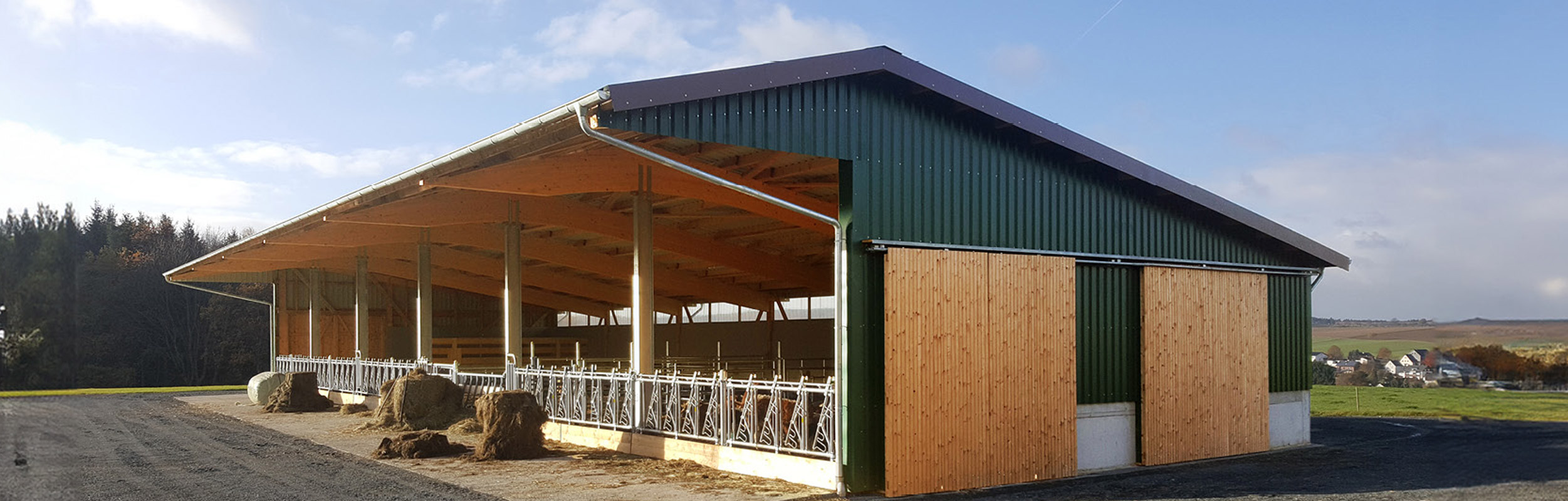 Offenstall mit grüner Holz- und Stahlkonstruktion im Sonnenschein
