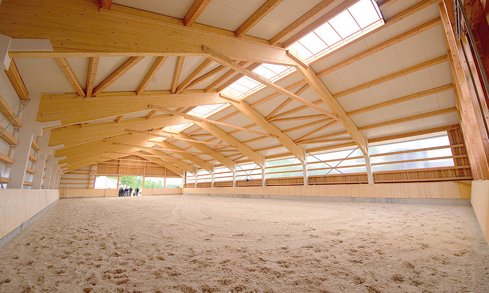 Innenraum einer hellen Reithalle mit Holzbinder-Konstruktion