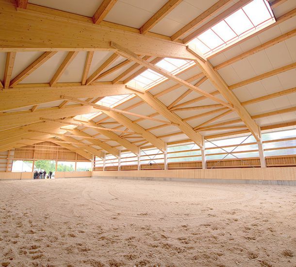 Innenraum einer hellen Reithalle mit Holzbinder-Konstruktion