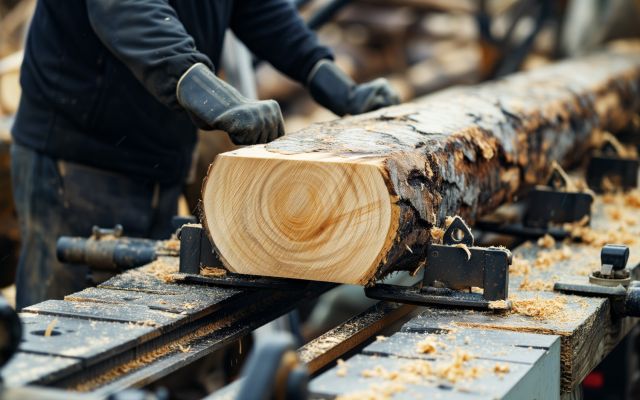 Nahaufnahme: Baumstamm wird im Sägewerk zugeschnitten