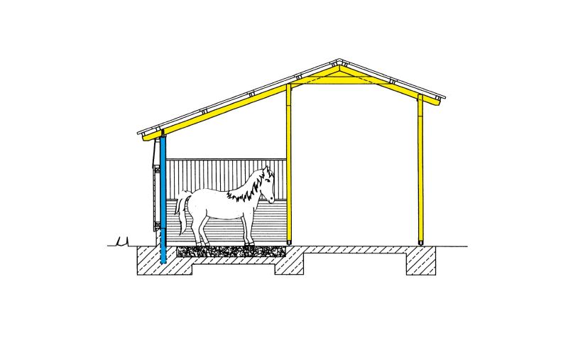 Technische Skizze eines Pferdestalls des Typen Paddock ohne Beschriftung