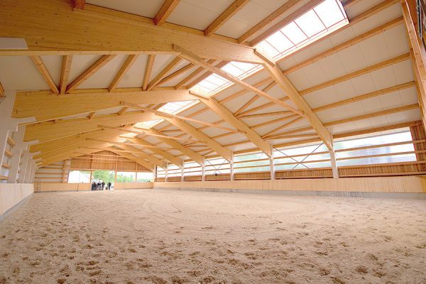 Innenraum einer hellen Reithalle mit Holzbinder-Konstruktion